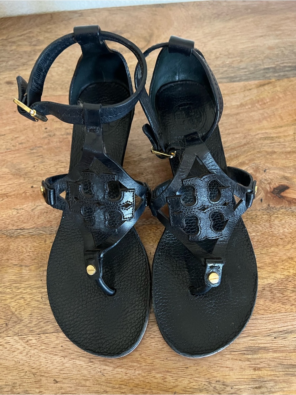 Tory Burch Miller  Black Leather Wedge Strappy Sandal Size 6M